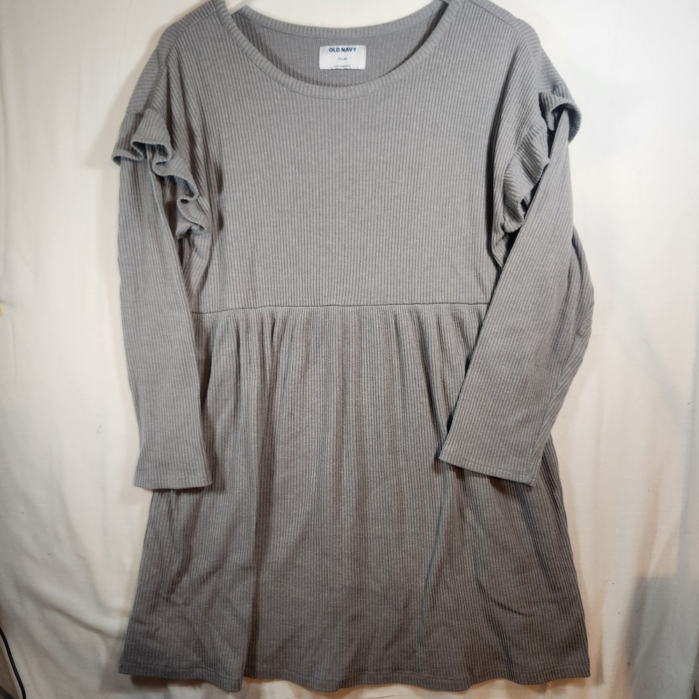 Old Navy Girls Gray Ribbed Knit Ruffle Shoulder Babydoll Dress XXL 18